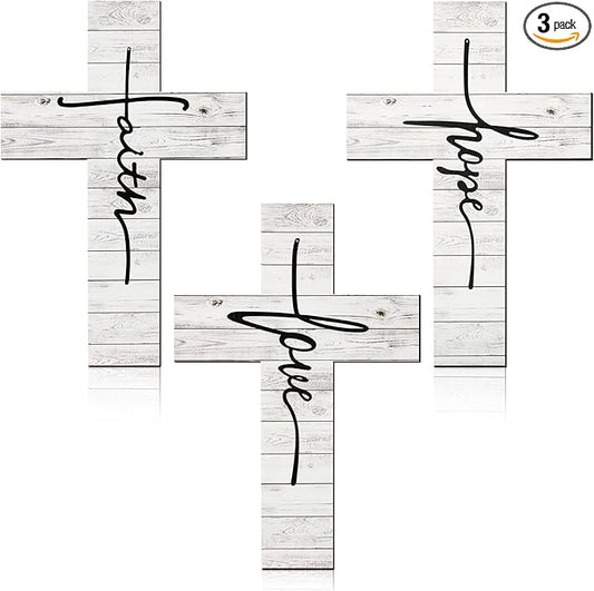 Jetec 3 Pieces Easter Faith Love Hope Cross Sign Crosses Wall Decor Wood Wall Hanging Rustic Cross Vintage Religious Love Art Decor Farmhouse Home Hanging Decorations, 12 x 8 Inch(White)