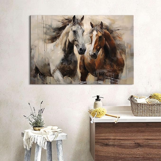 Vintage Horse Wall Art White and Brown Horses Canvas Painting for Office Rustic Farmhouse Animal Prints Retro Horse Pictures Wall Decor Western Artwork for Living Room Bedroom Home Decorations 16x24"