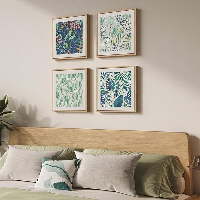 Framed Green Botanical Wall Art Set of 4, Pastel Green Leaf Canvas Wall Art Prints, Square Modern Plant Illustration Wall Decor for Dining Room Bedroom Bathroom, 12x12 Inches