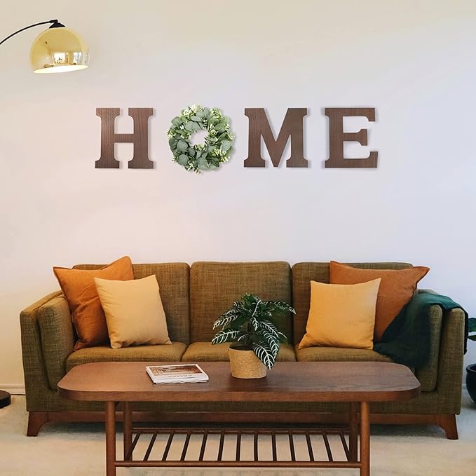 Wooden Home Sign Wall Hanging Decor - Wood Letters for Wall Art with Artificial Eucalyptus Wreath Rustic Home Decor Farmhouse, Wall Decor for Living Room Kitchen Housewarming Gift (Brown)
