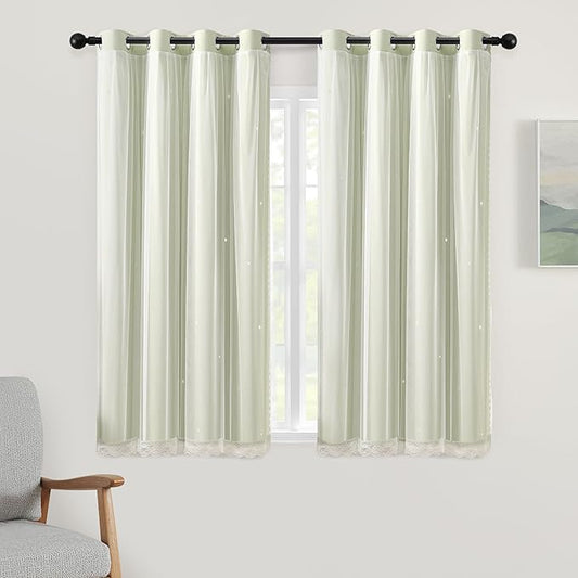 XiDi Sage Green Blackout Curtains for Girls Bedroom Living Room 63 Inch Length 2 Panels Thermal Insulated Room Darkening Grommet Window Drapes for Nursery Kids Boys Light Green W34 x L63