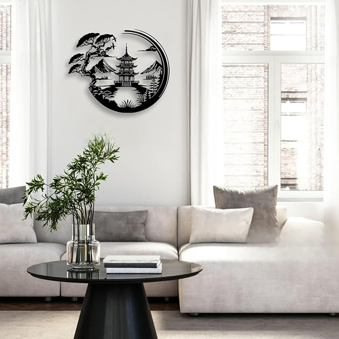 LIYOUYA Bonsai Tree Torii Gate Metal Wall Decor - Japanese Style Room Decor Black Wall Art Home Decor for Living Room, Bedroom, Dining Room (Black)