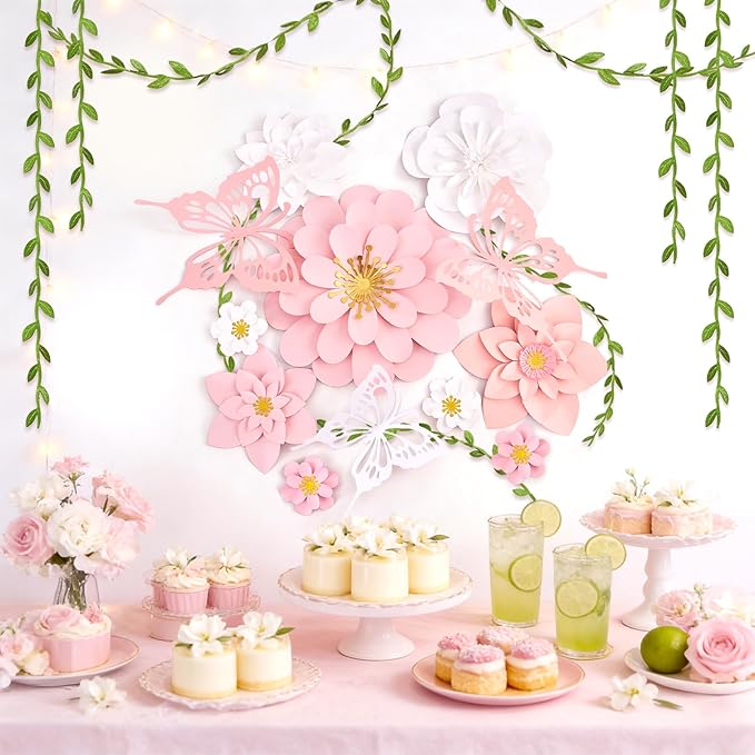 Paper Flower Decoration for Wall 3D Paper Butterfly Flower Bulletin Board Decor Pink White Artificial Flower Backdrop Wall Decor Green Leaves Vine for Classroom Office Spring Garden Tea Women Birthday