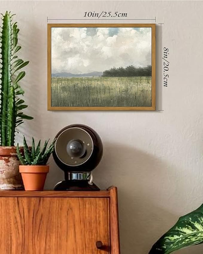 SHENIFY Vintage Landscape Framed Wall Art Country Meadow Scenery Farmhouse Decor Retro Painting for Living Room Bedroom Ready to Hang Wall Artwork - 8x10in Natural Framed