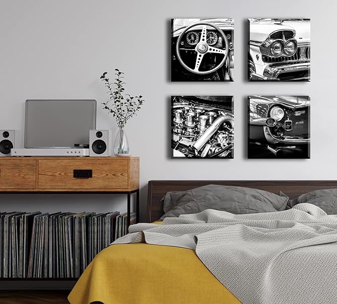 DJSYLIFE Black and White Wall Art Vintage Car Posters Decor Mens Bedroom Boys Room Office Paintings Canvas Pictures Framed Ready to Hang 12" W×12" H×4 PCS