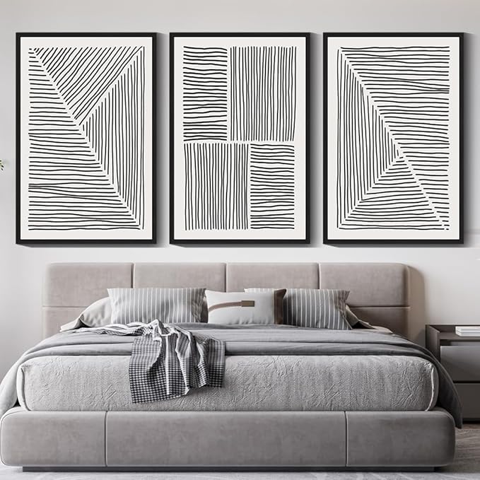 Drsoum Mid-Century Modern Framed Wall Art Large 24x36in Minimalist Abstract Boho Black Line Wall Decor Geometric Artwork Kitchen Dining Room Black Framed