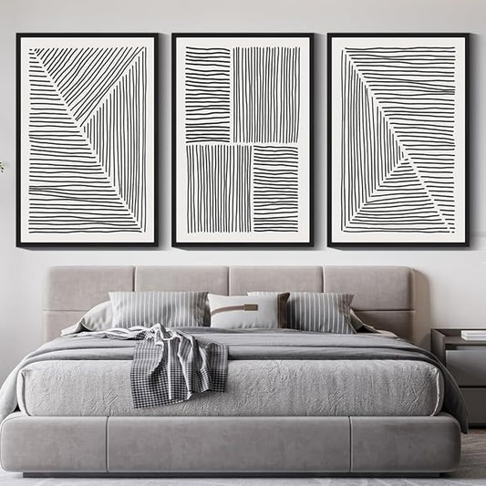 Drsoum Mid-Century Modern Framed Wall Art Large 24x36in Minimalist Abstract Boho Black Line Wall Decor Geometric Artwork Kitchen Dining Room Black Framed