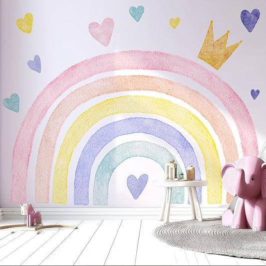 Large Watercolor Rainbow Wall Decals, Boho Queen Peel and Stick Fabric Nursery Wall Decor, Removable Home Room Wall Decor Murals Stickers for Kids Girls Toddler Bedroom Living Room Playroom