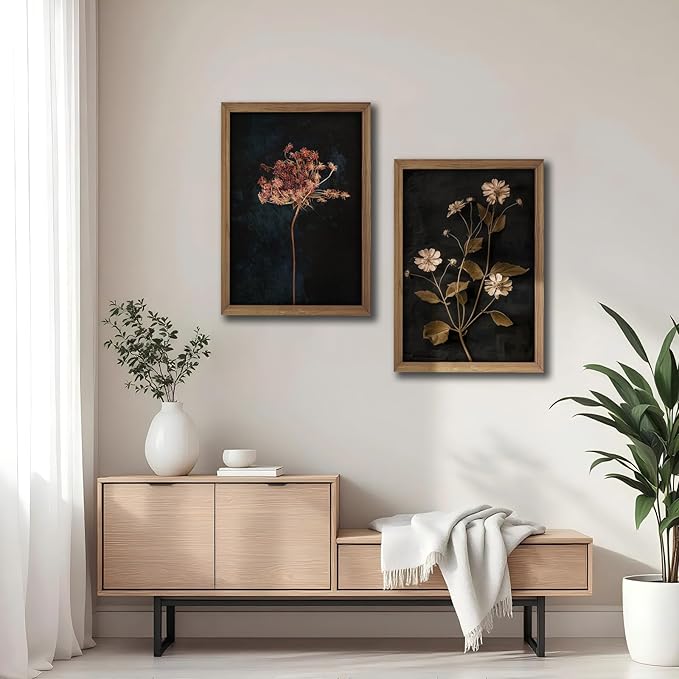 2Pcs Framed Vintage Wall Art Prints, Retro Moody Floral Botanical Canvas Painting Farmhouse Decor, Black Dark Flower Picture Poster for Bathroom, Bedroom, Living Room, Gallery 16X24In