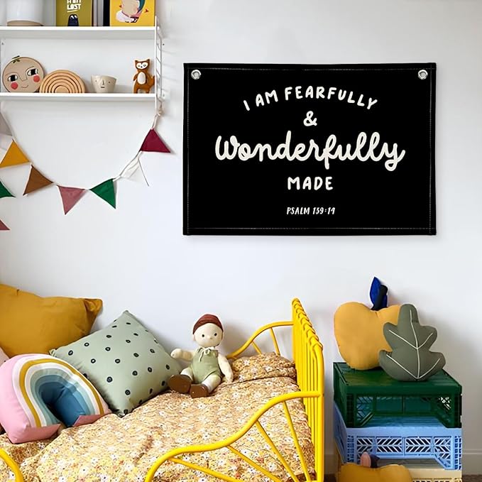Kids Room Decor - Bible Verse Wall Hanging, 'I am Fearfully and Wonderfully Made' Linen Banner, Canvas Decoration for Classroom, Nursery - Black