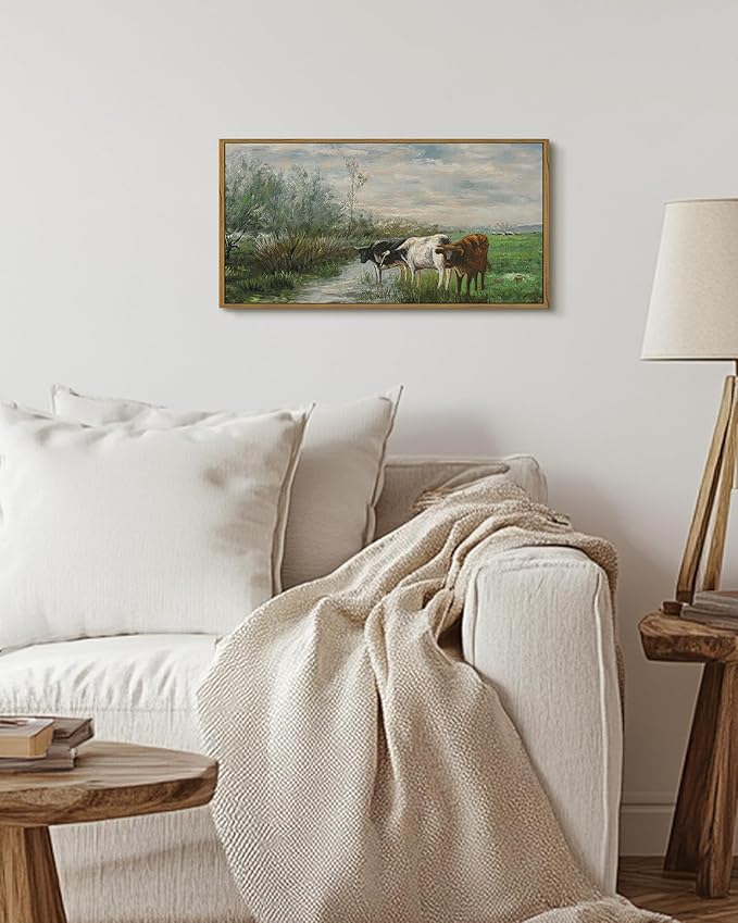 SHENIFY Vintage Framed Wall Art Cow Farm Landscape Painting Retro Meadow Scenery Farmhouse Kitchen Living Room Decor - 8x16in Natural Framed