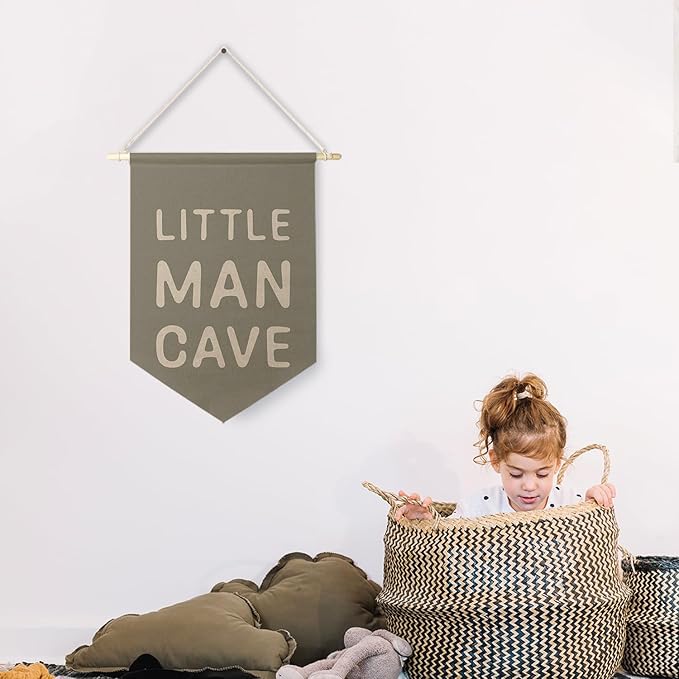 Qpenm Little Man Cave Hanging Wall Canvas Banner, Kids Playroom Hanging Pennant Flag Prints,Sage Green Nursery Boy Wall Decor, Baby Boy Wall Art 12x18in