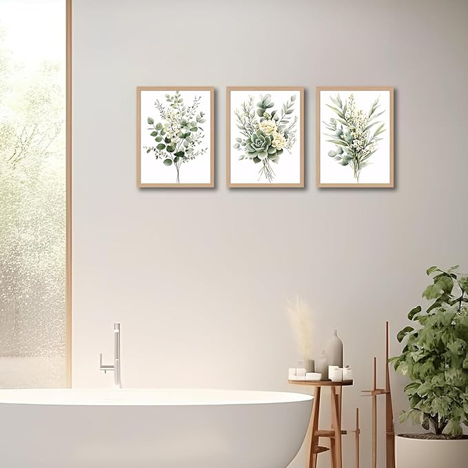 3Pcs Framed Vintage Botanical Wall Art Plant Floral Watercolor Canvas Prints Sage Green Painting Eucalyptus Leaf Picture Modern Minimalist Boho Bedroom Bathroom Living Room Ready to Hang 16x24in