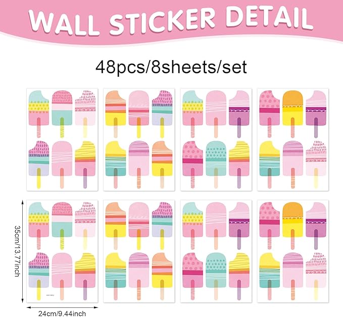 48 Pcs Ice Cream Wall Decals for Kids Room, Peel and Stick Sweet Treats Wall Sticker, Multicolor Dessert Designs Wall Decor for Nursery Playroom Classroom Bedroom School