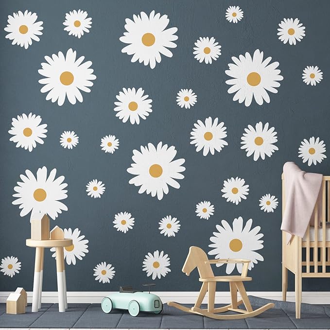 TaoBary 12 Sheet Daisy Wall Sticker Decal Removable Cute Daisy Bedroom Room Decor Flower Wall Sticker Pink White Flower Decal Wallpaper Peel and Stick for Nursery Home(White, Yellow,Multi Petal Style)