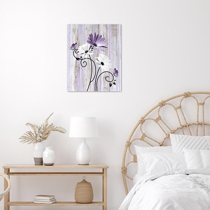 HVEST Vintage Daisy Wall Art Purple Flower and Butterfly on Rustic Wooden Abstract Painting Farmhouse Plant Wall Art for Bathroom Living Room Bedroom Kitchen Decor Ready to Hang, 20Lx16W Inches