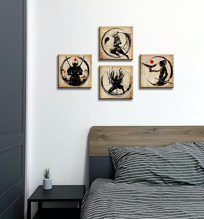Japanese Decor Wall Art Retro Japanese Armored Samurai Painting Anime Posters Canvas Pictures Office Vintage Black Asian Modern Living Room Bedroom Artwork Framed Ready to Hang 12"X12"X4 Panels