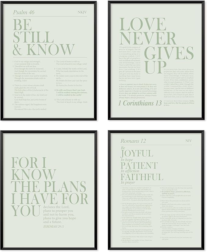 Locomiss Sage Green Christian Wall Art Decor, Modern Bible Verse Prints, Minimalist Jesus Scripture Wall Decor, Inspirational Bible Posters for Bedroom Office Living Room, Set of 4 (8x10 Unframed)