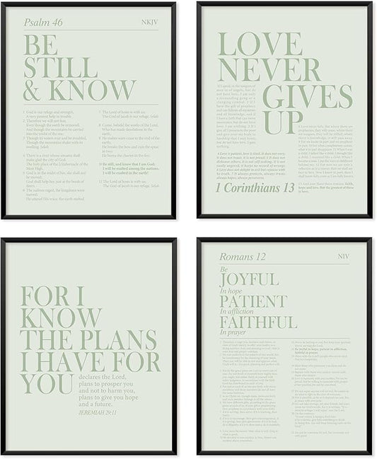 Locomiss Sage Green Christian Wall Art Decor, Modern Bible Verse Prints, Minimalist Jesus Scripture Wall Decor, Inspirational Bible Posters for Bedroom Office Living Room, Set of 4 (8x10 Unframed)