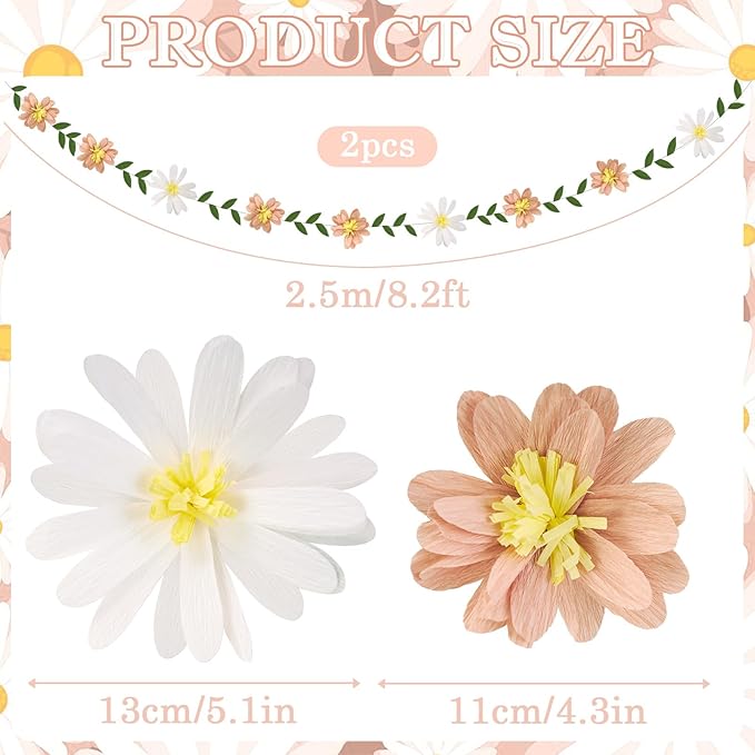 EASY JOY Crepe Paper Flowers Banner White Blush Pink Paper Flower Banner Spring Hanging Paper Flower Garland Paper Leaves Banner for Spring Birthday Wedding Home Decorations