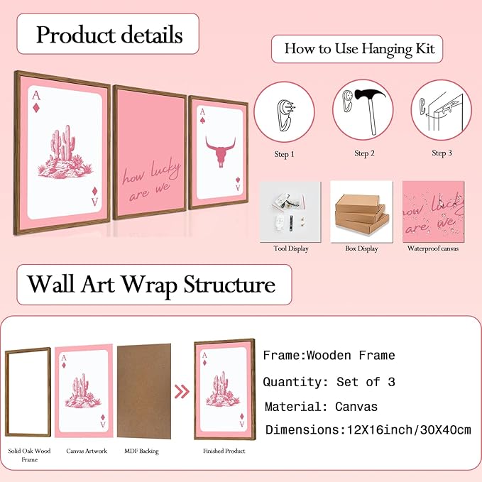 Western Wall Art Set of 3, Southwestern Cowboy Playing Card Wall Decor, Pink Longhorn Bull Skull and How Lucky are We Poster Canvas Painting Prints for Bedroom Living Room 12x16 inch Wood Framed