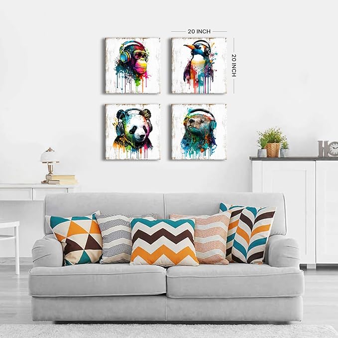 Animals Wall Art Baby Nursery Room Wall Decor Humor Panda Bear Canvas Pictures Kids Bedroom Artwork Colorful Funny Penguin Chimpanzee Posters Graffiti Artwork Living Room Home Decorations 20x20” 4 Pcs