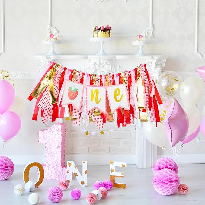 Strawberry Highchair Banner-1st Birthday Decoration,Sweet One Birthday Party Supplies for Girl Shower, Pink and Red Best Fairy Strawberry 1st Photo Props