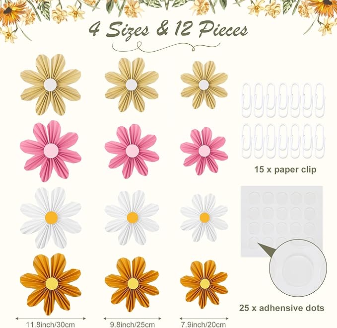 Containlol 12 Pcs Paper Flowers Decorations for Wall Sunflower Daisy Paper Fans Classroom Decoration 3D Floral Hanging Fans for Birthday Wedding Baby Shower Spring Decor(Multicolour,Hippie)