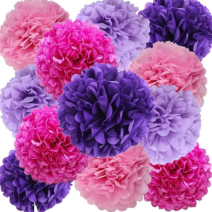 We Moment Purple Pink Tissue Paper Pom Poms for Purple Pink Girl Party Decoration Ceiling Wall Hanging Tissue Pom Poms 12pcs 4 Colors Hot Pink Light Pink Deep Purple Light Purple of 12 Inch 10 Inch