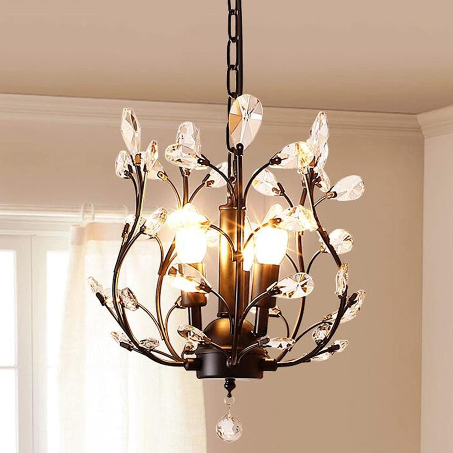 Ganeed Vintage K9 Clear Crystal Chandeliers,Ceiling Lighting,Pendant Lighting Flush Mounted Fixture with 3 Light for Living Room Dinning Room Restaurant Porch Hallway (Black)