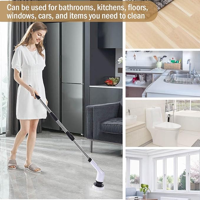 MGLSDeet Electric Spin Scrubber Scrub Brush, Rechargeable Cleaning Brush with 8 in 1 Replaceable Brush Heads, Cordless Power Spin Scrubber 90Mins for Bathroom Shower Bathtub Glass Car