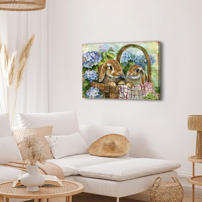 Farmhouse Canvas Wall Art Rabbit Pictures Easter Wall Decor for Bedroom Funny Bunny Painting Blue Flowers Poster Vintage Wood Grain Prints Artwork Kitchen Living Room Home Decoration 24x36"