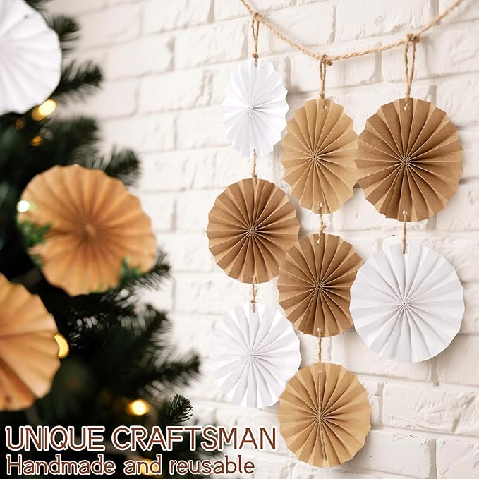 Easy Joy Boho Hanging Paper Fans Neutral Rustic Paper Fans Garland White Brown Party Decorations for Boho Party Baby Shower Birthday Wedding Bridal Classroom Decor