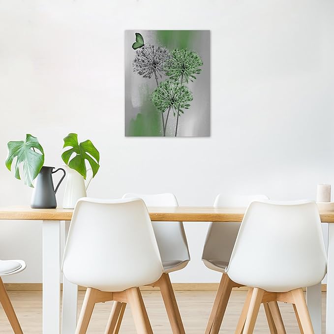 LB Green Dandelion Wall Art Green Grey Dandelion with Butterfly Canvas Wall Art Modern Abstract Wall Art Decor for Living Room Bedroom Bathroom Office Framed Ready to Hang 10L x 8W