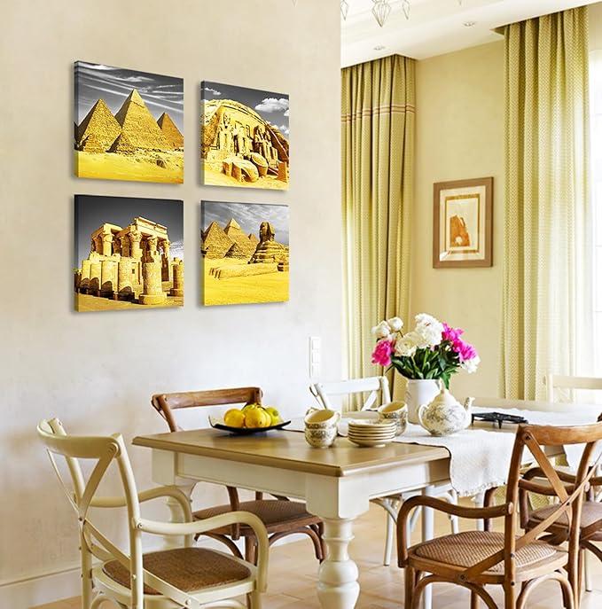 DJSYLIFE Bedroom Decor Gold Wall Art Egyptian Pyramids Canvas Print Picture Gray White Posters Modern Artwork for for Living Room Bathroom Office Home Decoration Framed Ready to Hang 12"X12"X4