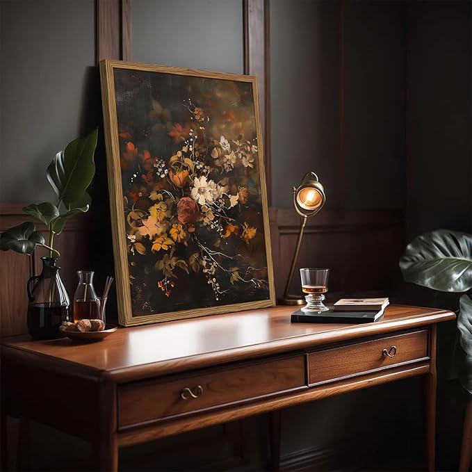 Framed Vintage Floral Wall Art，Gothic Moody Dark Flower Art Prints Painting，Victorian Canvas Fall Otanical Pictures Decor for Living Room Bedroom Diningroom 12x16 inch