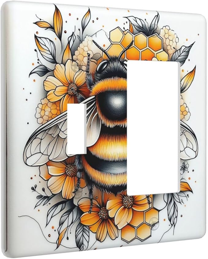 Outlet Covers Bee Honeycomb Flowers Plant Leaves 1 Toggle 1 Rocker Combination Decorative Wall Plate Electrical Switch Plates Light Switch Cover Plate For Nursery Kids Room Decor