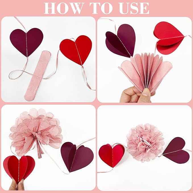 Dusty Rose Pink Party Decoration Tissue Flowers Pom Pom with Burgundy Red 3D Heart Hanging Paper Garland Banner Streamer for Valentines Day Birthday Baby Shower Wedding Bridal Shower Party Supplies