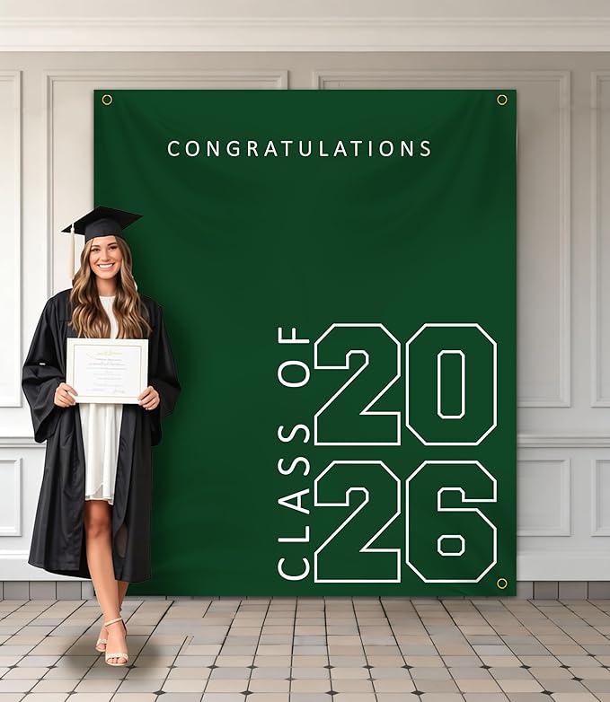 Class of 2026 Graduation Banner 5X6feet - Large CONGRATS GRAD Polyester Banner, Photo Backdrop & Wall Decor for Commencement Party Supplies, Green and White Graduation Party Decorations for High School & College