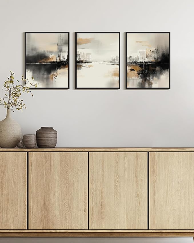 Drsoum Vintage Black Gray Abstract Wall Art Framed Brown Tan Neutral Prints Minimalist Modern Rustic Artwork Bedroom Living Room Ready to Hang 11x14in Black Framed