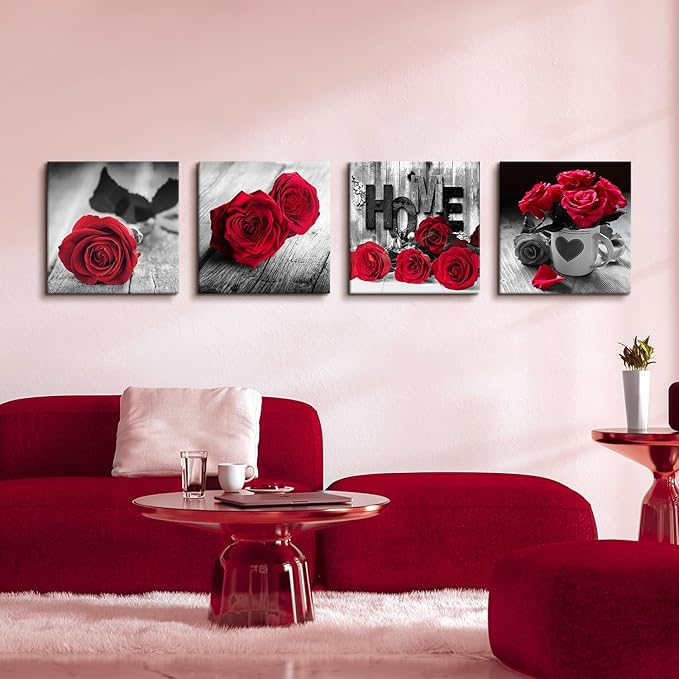 Red Rose Posters for Living Room Red and Black Wall Art Flower Painting Bedroom Wall Decor Romantic Floral Canvas Painting Bathroom Pictures Modern Kitchen Accessories Home Decoration 20x20" 4 Pcs/Set