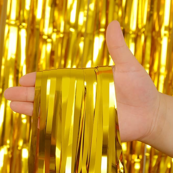 Foil Fringe Curtains Party Decorations for 2026 NYE - Melsan 3 Pack 3.2 x 8.2 ft Tinsel Curtain Party Photo Backdrop for Birthday Party Baby Shower or Graduation Decorations (Pure Gold)