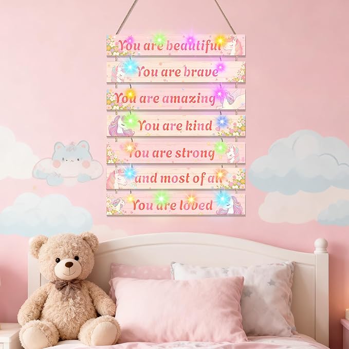 FIOBEE Girls Room Décor for Teen Girls Boys with LED Light Wall Decor for Bedroom Motivational Inspirational Wall Art Girl Room Decoration for Kids Studyroom, 8 Kinds of Lights, Pink Unicorn