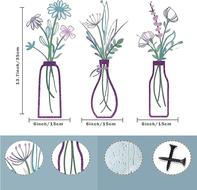 Nonforgetta 3 Pieces Metal Flowers Wall Arts - Rustic Farmhouse Decor Minimalist Flower Wall Decors for Living room Bathroom Bedroom Dining Room-Housewarming Gifts