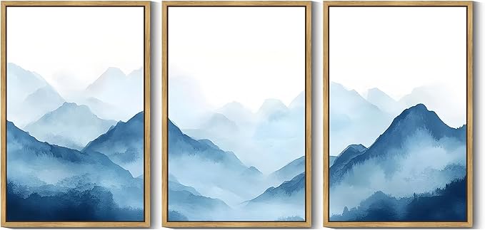 Drsoum Blue Fog Mountains Landscape Wall Art Framed Vintage Nature Misty Nordic Prints Ink Wash Watercolor Boho Farmhouse Rustic Artwork Hallway Bedroom Ready to Hang 24x36in Natural Framed