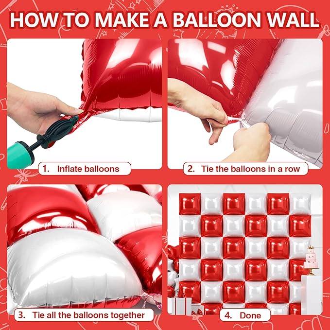 NISOCY 36PCS Red White Square Foil Balloons Wall Backdrop Double Sided Red Pearl White Balloons Arch Kit for Birthday Wedding Bridal Shower Valentine Anniversary Party Decorations