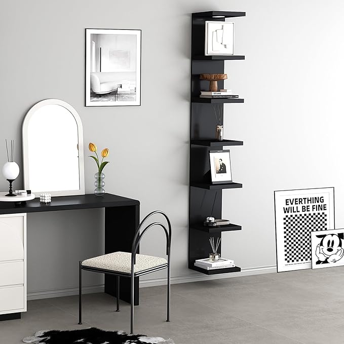 Versatile 7 Tier Wall Shelf Unit,Black Lack Wall Shelf,Display Floating Shelf with LED Remote Control Light