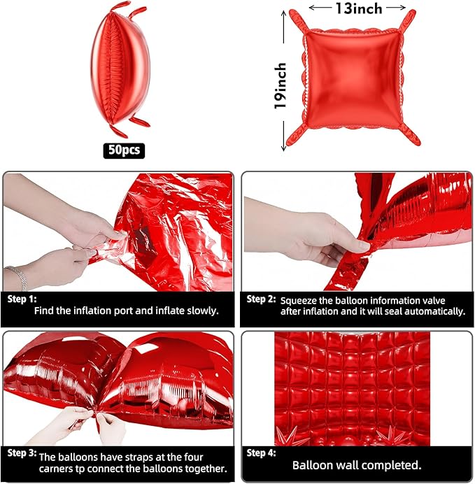 36pcs Red Square Foil Balloons Wall Backdrop with 79pcs Balloon Garland Arch Kit, Double Sided Balloons for Birthday Bridal Shower Anniversary New Year Valentine's Day Prom Party Decorations