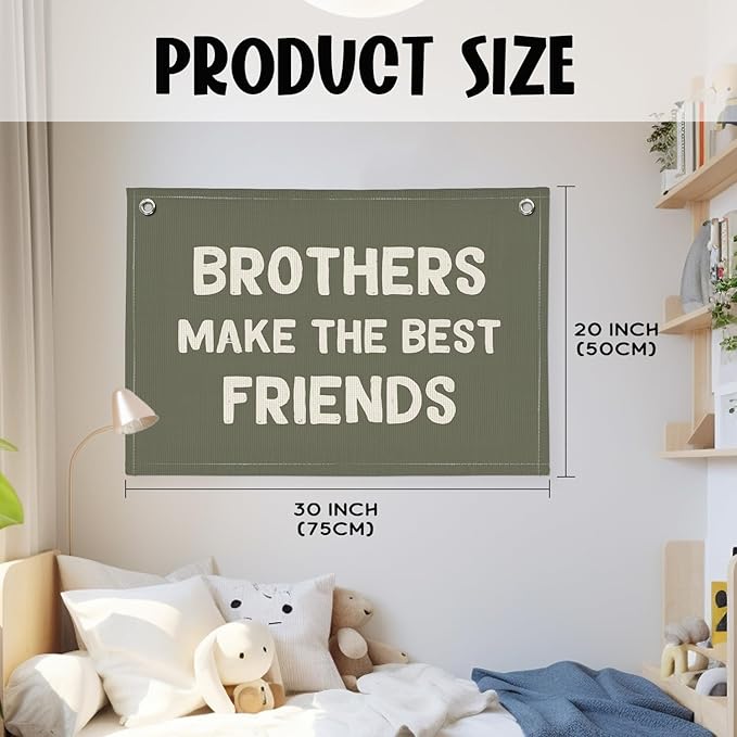 Boy Room Decor, Brothers Make The Best Friends Toddler Room Banner, Linen Canvas Banner Wall Hanging Flag Decor for Nursery Playroom 20x30 Inch