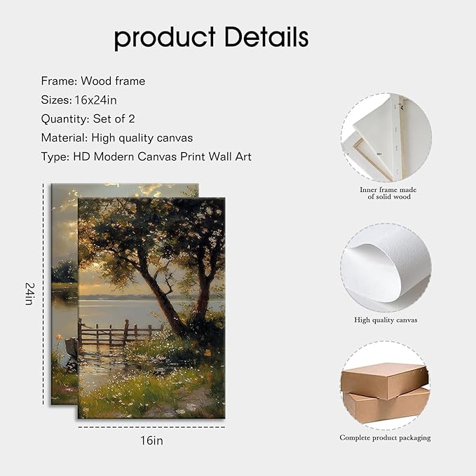 2Pcs Framed Fall Landscape Canvas Wall Art, Lake Boat Forest Art Prints, Autumn Scenery Nature Decor Pictures, Rustic Gold Paintings Wall Decor Living Room, Bedroom, Office 16x24in
